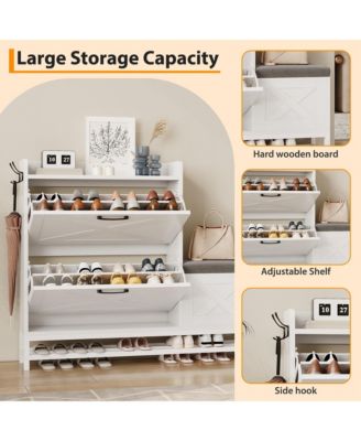 2-Drawer Flip Shoe Cabinet with Bench, Rustic Brown, Hidden Storage & Hooks for Entryway or Living Room.