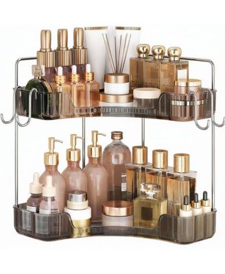 2 Tier Bathroom Organizer with Hooks for Makeup and Skincare