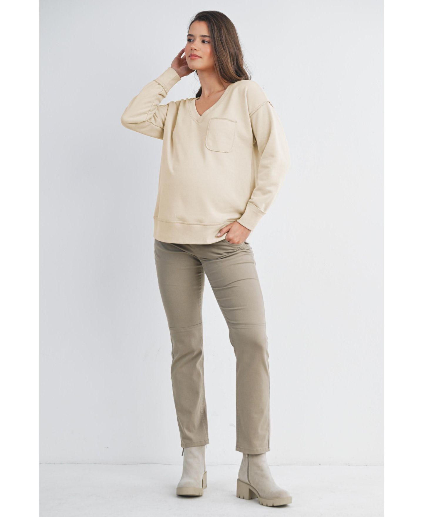 Женский свитшот Hello Miz Maternity V Neck Long Sleeve Front Pocket, цвет: Бежевый — фото 4
