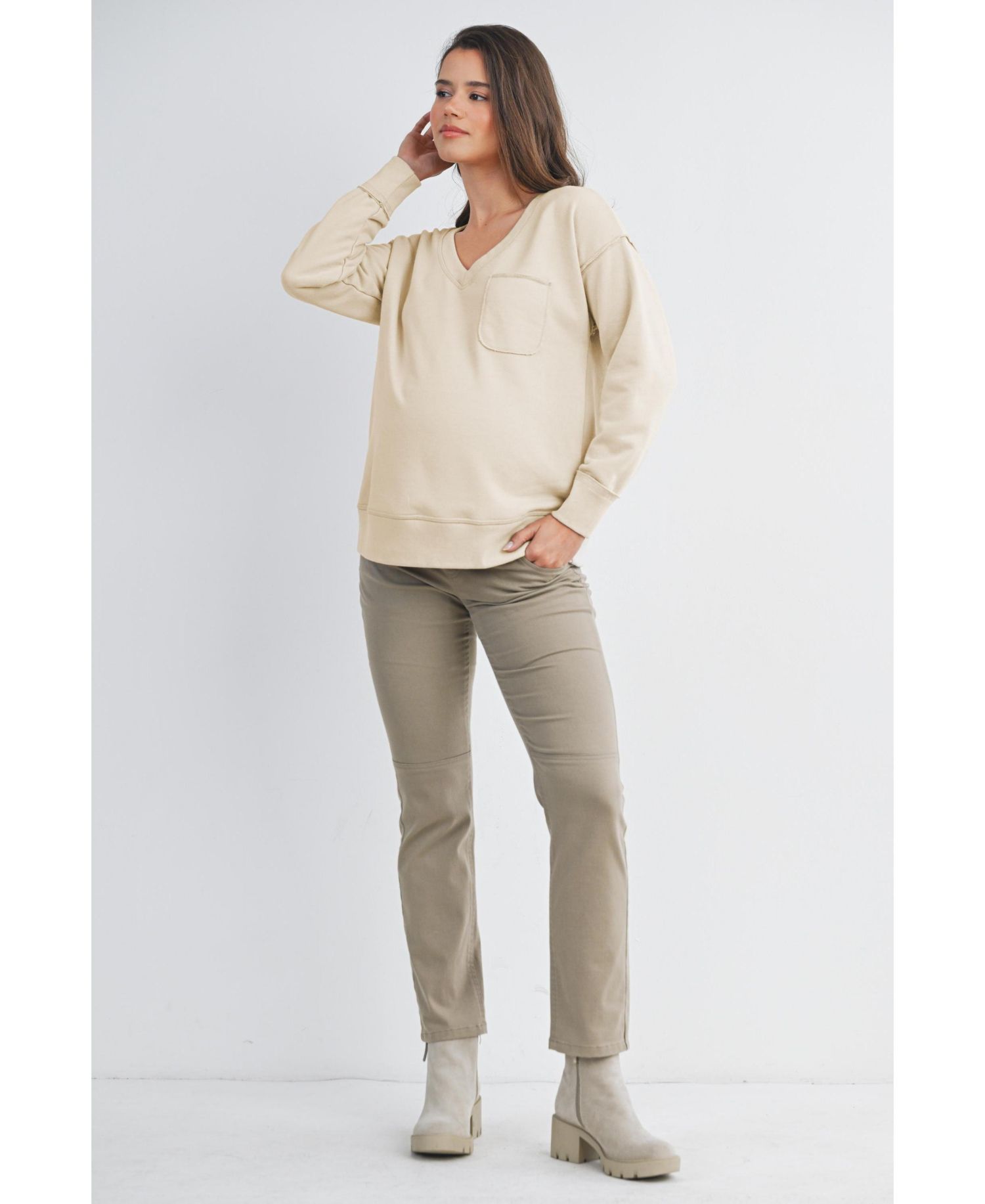 Maternity V Neck Long Sleeve Front Pocket Sweatshirt