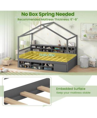 Twin Size House Bed Wooden Platform Bed Frame with Roof & 14 Storage Cubes