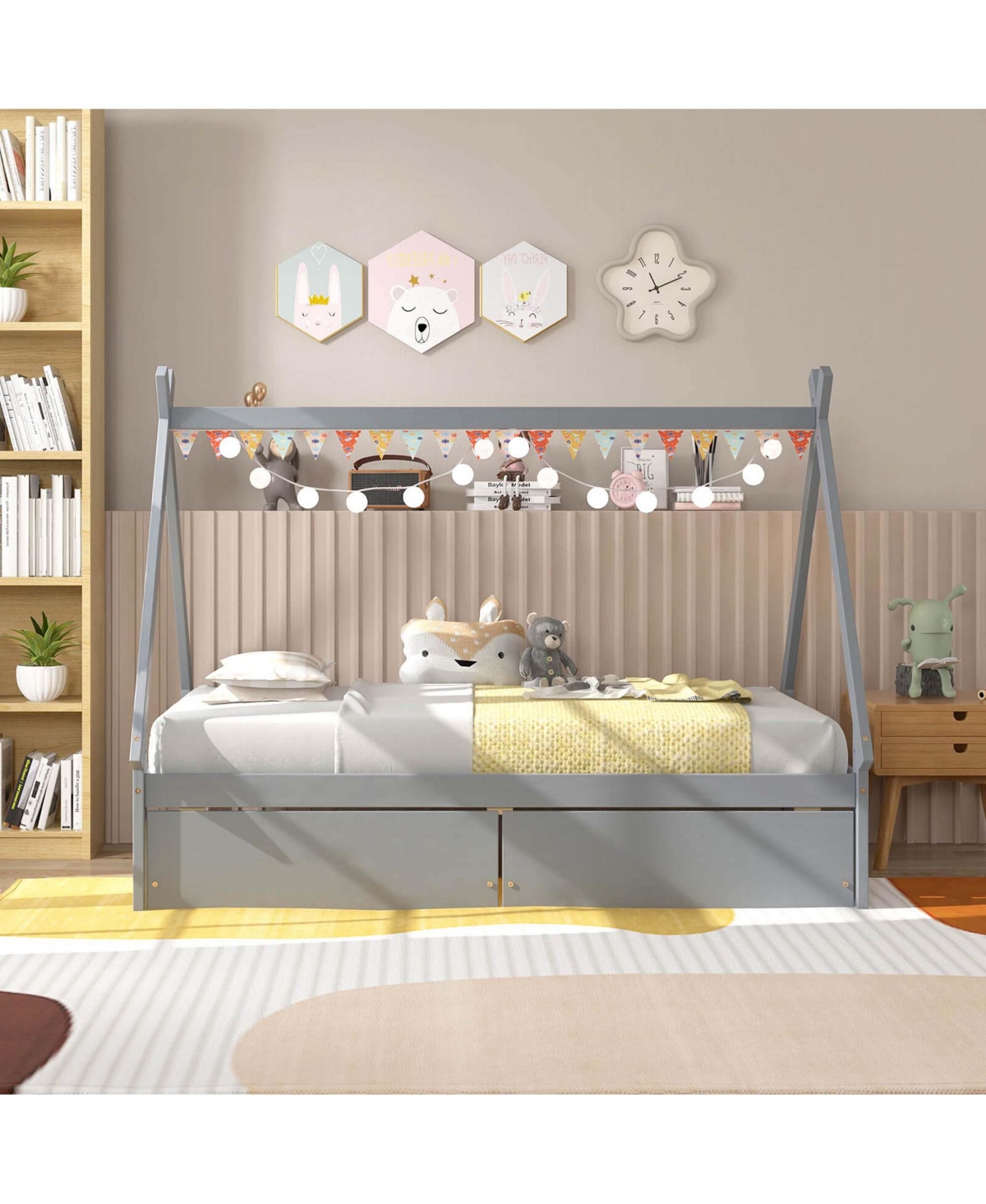 Costway Twin Wooden House Bed with 2 Drawers Roof Storage for Boys & Girls