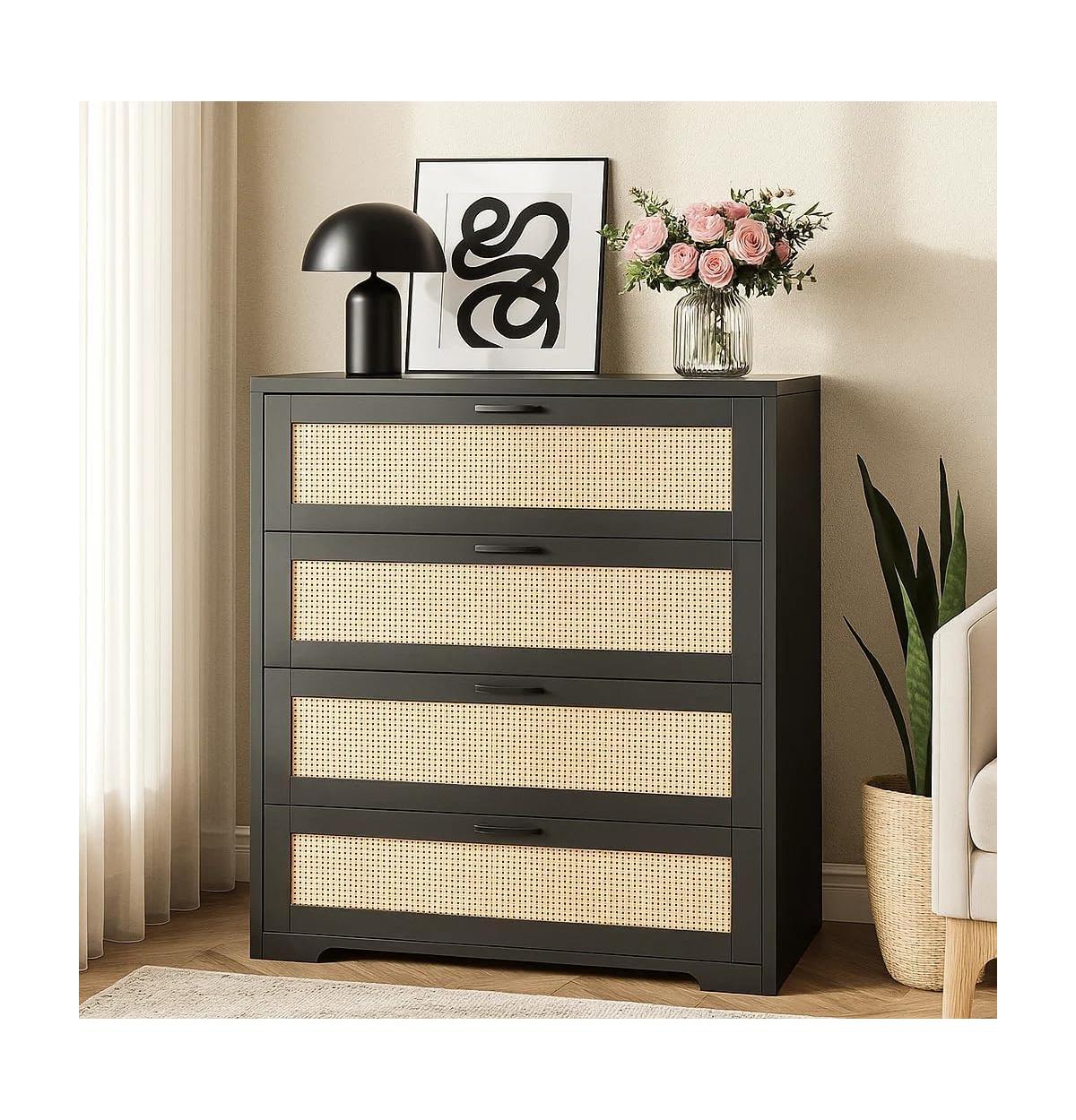 gaomon Rattan Dresser, Tall Chest of Drawers, Wood Dresser for Bedroom, Closet, Living Room