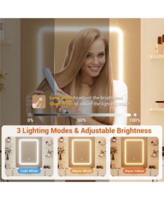 Vanity Desk with Mirror, Led Lights and Power Outlet, Makeup Vanity Table with Chair, 3 Color Lights & Brightness Adjustable, 7 Drawer