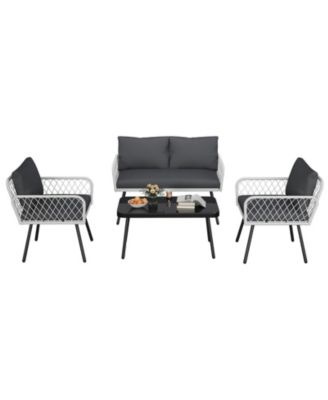 Patio Furniture Set, 2 PE Wicker Chairs with loveseat & Glass Top Coffee Table, Outdoor Couch Set with 5mm Cushions for Balcony