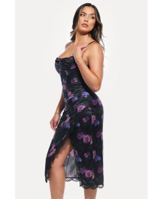 Women's Lace Trim Sculpting Floral-Print Midi Dress