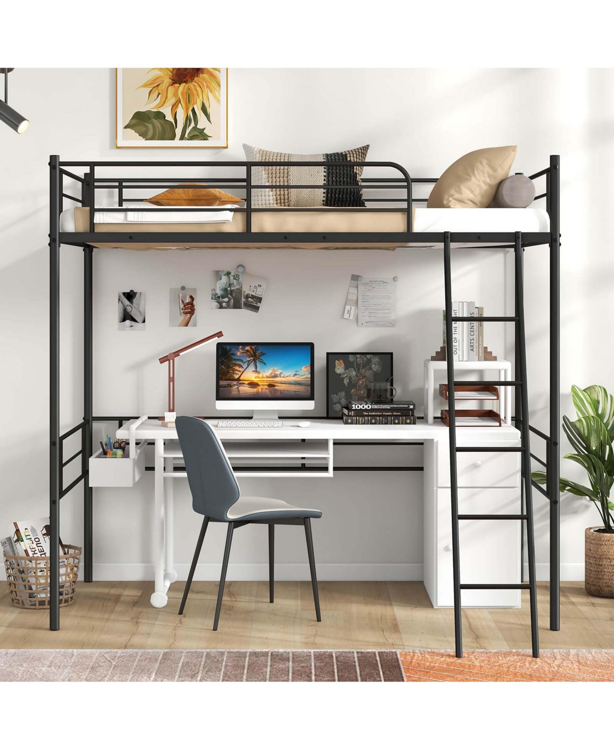 Costway Twin Size Metal Loft Bed Single Loft Bunk Bed with Full-Length Guardrail