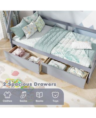 Twin Size House Bed with Roof Safety Guardrail 2 Storage Drawers Wood Slat Support