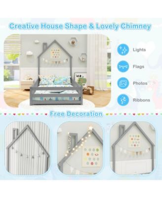 Twin Size Montessori Floor Bed for Toddler with Lockable Door Full-Length Guardrail