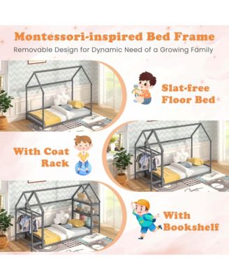 Twin Size House Bed Montessori Floor Bed with Detachable Storage Shelves