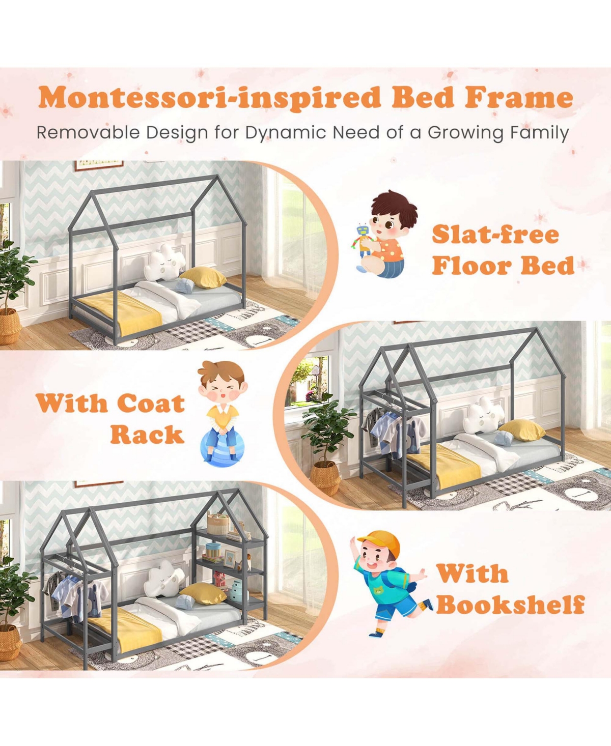 Costway Twin House Bed Montessori Floor with Detachable Storage Shelves