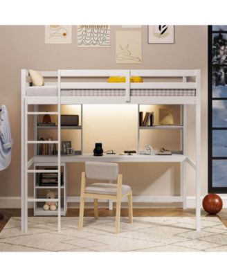 Twin Loft Bed with LED Light & Power Outlet Desk Storage Shelves & Cabinet
