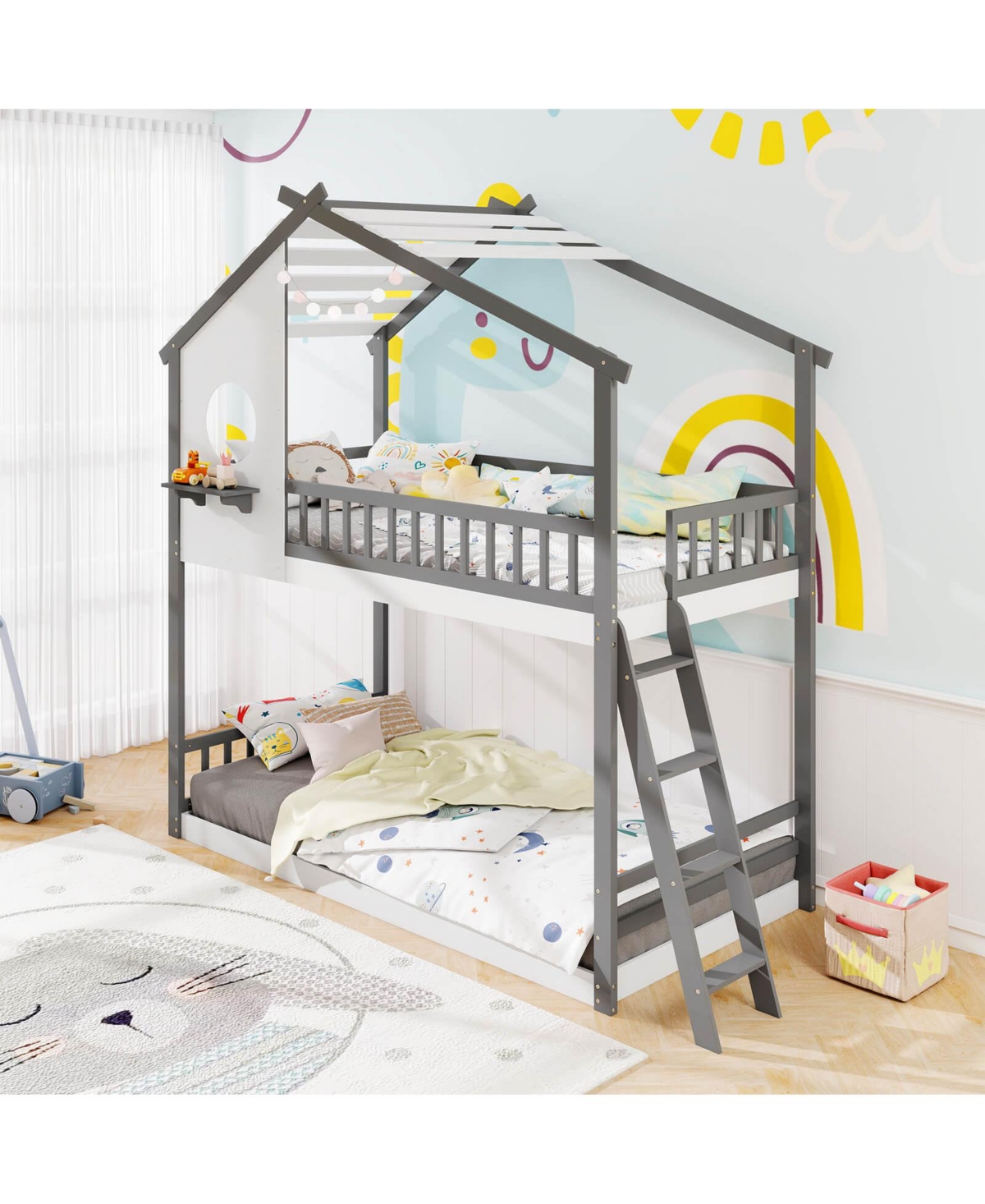 Costway Twin over Twin House Bunk Bed with Roof Ladder & Full-length Guardrails for Kids