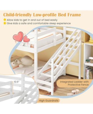Twin House Bunk Bed with Stairs Roof Rails & Window Full-length Guardrails