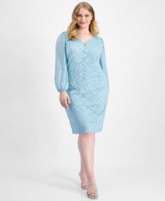 Plus Size Sequin Lace Blouson-Sleeve Sheath Dress