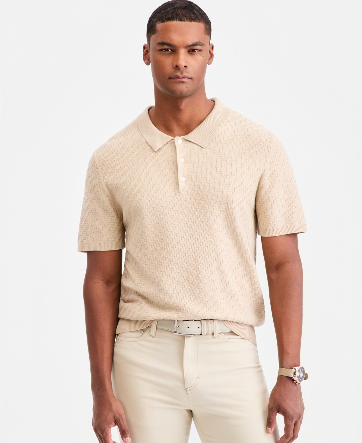 Мужские Alfani Men's Basketweave Short-Sleeve Polo Sweater — фото 1