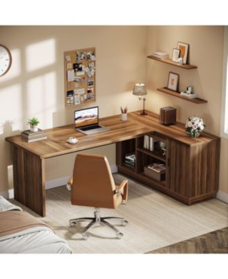 70.8-Inch Fluted Executive Desk with File Cabinet, L-Shaped Office Desk with Storage Shelves, Large Modern Computer Desk