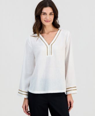 Women's Ladder-Trim Crinkle Gauze V-Neck Top