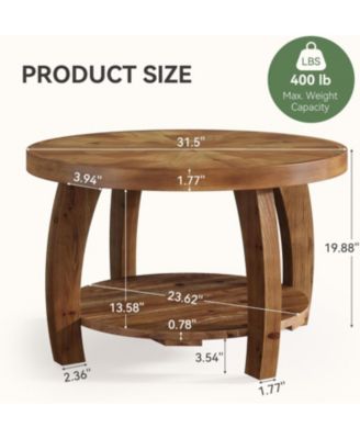 Solid Wood Round Coffee Table, 2-Tier Center Table with Storage, 31.5 Inch Wood Tabletop with Mosaic Pattern, Easy Assembly