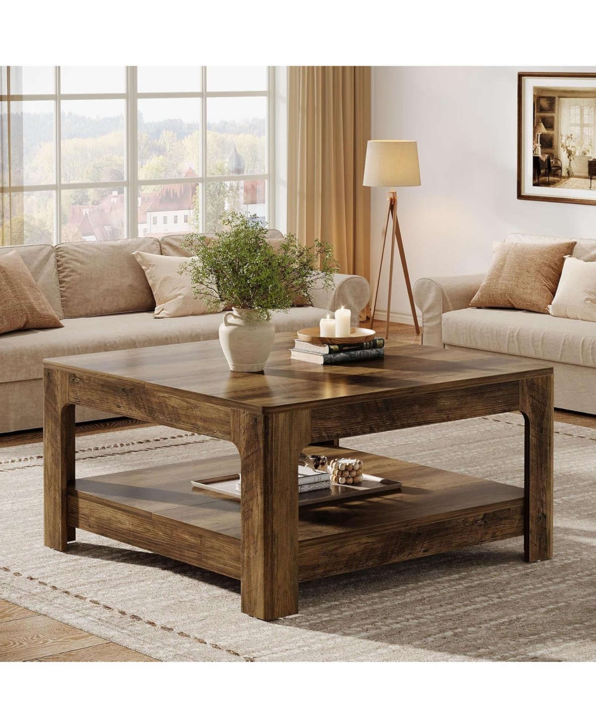 Tribesigns Square Coffee Table for Living Room, 39.4-Inch Large Farmhouse Wooden Center Tea Accent Table with 2-Tier Storage, Rustic Brown