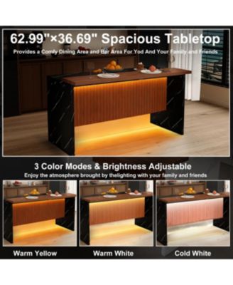 Modern Kitchen Island with Marble-Look Surface, LED Lights