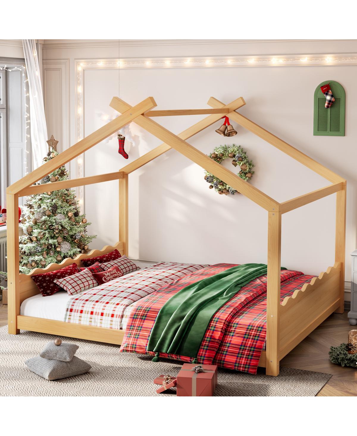 Streamdale Queen House Floor Bed with Solid Wood Frame for Kids, Natural