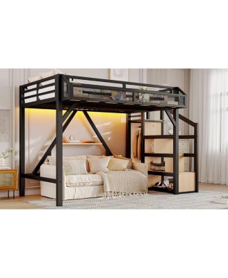 Twin XL Loft Bed with Storage Stairs, Shelves, Wardrobe, USB, LED Lights
