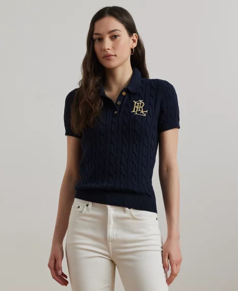 Petite Cable-Knit Polo Sweater - Lauren Navy