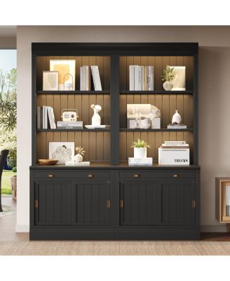 LED Lighting Bookshelf Suite with Sliding Doors & Drawers, White