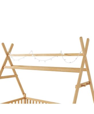 Twin House Bed with Light, Low Floor, Fence, Roof for Kids Boys Girls