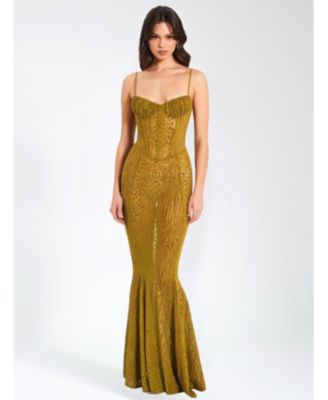 Women's Ulani Gold Burnout Velvet Detail Mesh Maxi Dress