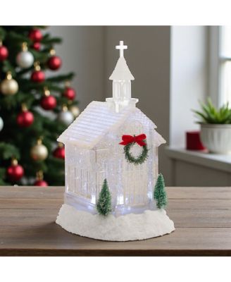 LED Church Snow Globe With Pine Accents 10.5"h