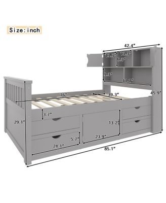 Twin Captain Platform Bed Frame with Storage, Drawers, Gray