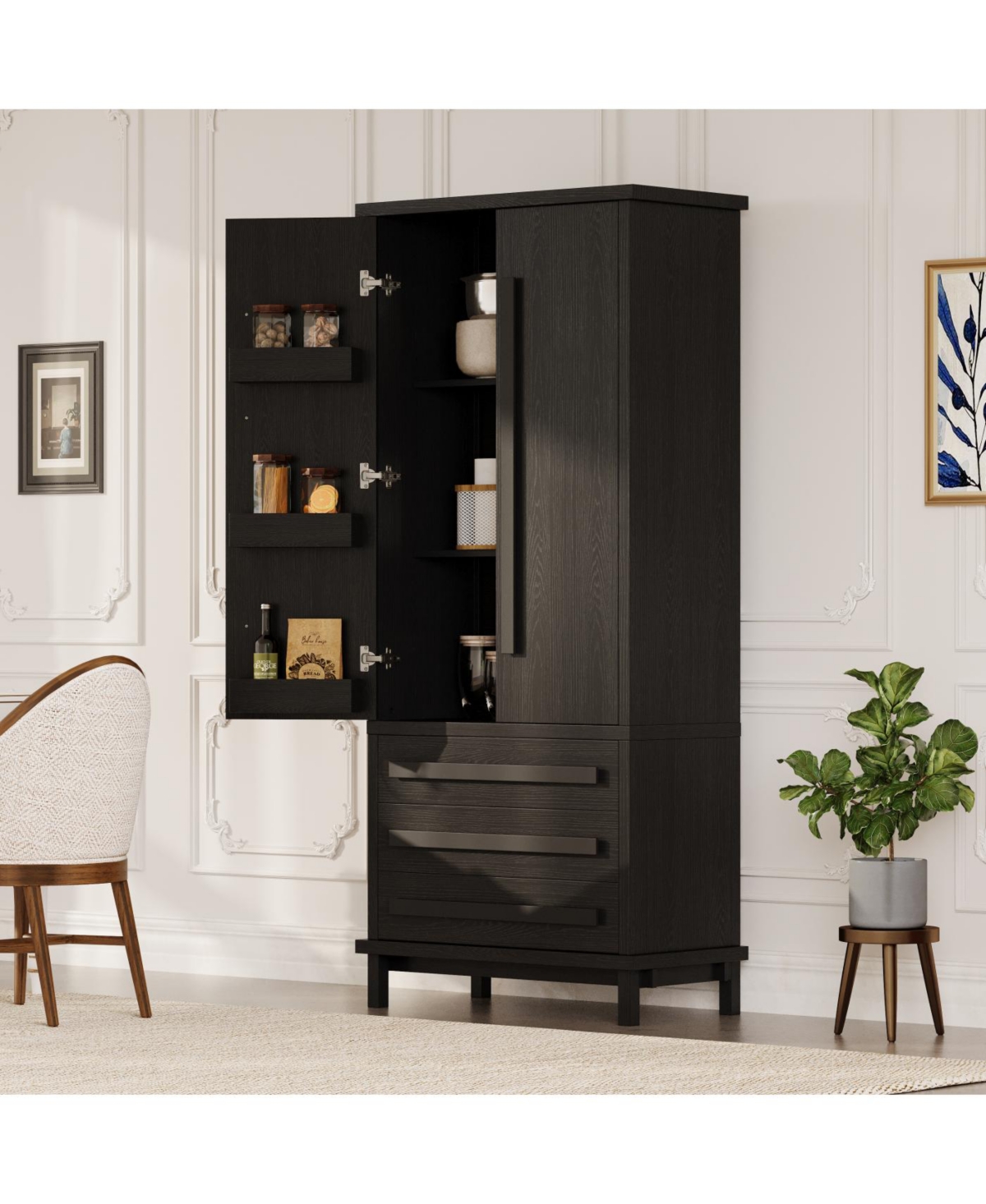 Streamdale Furniture 70" Black Kitchen Pantry Cabinet with 2 Shelves, 6 Doors, 3 Drawers