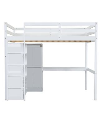 Wood Full Size Loft Bed with Built-in Wardrobe, Desk, Storage Shelves and Drawers