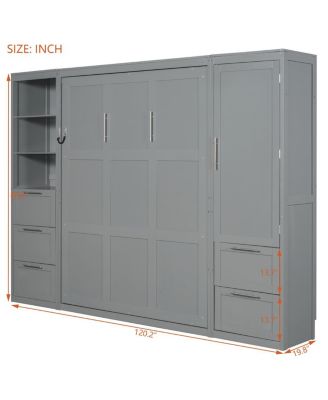 Queen Size Murphy Bed Wall Bed with Closet, Drawers and Shelves, Gray