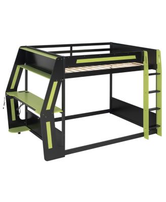 Full-Size Gaming Bunk Bed with RGB Desk, USB Ports, LED Strip & Cable Grommet