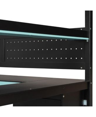 Full Size Wooden Gaming Loft Bed with Storage Stairs, Desk, Shelves & Pegboard, Black+Blue