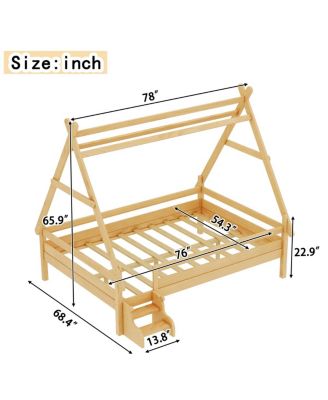 Full House Platform Bed with Stairs, Solid Wood Twin Bed Frame