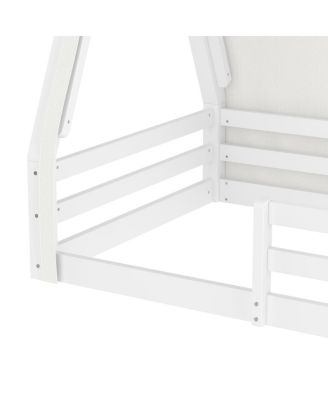 Twin Size House Floor Bed with Tent and Light, Solid Wood Teepee Bed