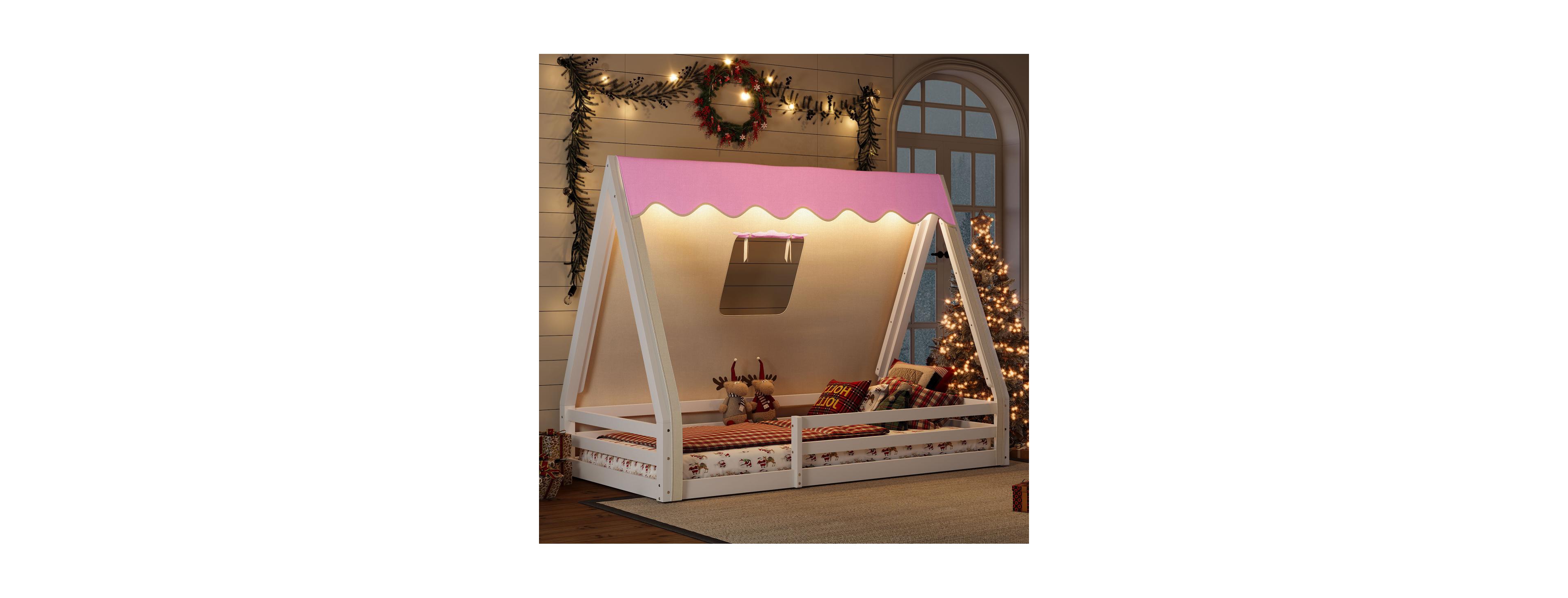 Streamdale Furniture Twin Size House Floor Bed with Tent and Light, Solid Wood Teepee Bed
