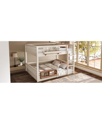 Queen Bunk Bed with Ladder, Guardrails, Pegboard & Bookshelf, Beige