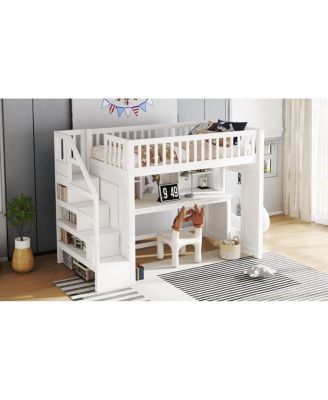 Twin Loft Bed with Desk, Storage Shelf & Stairs