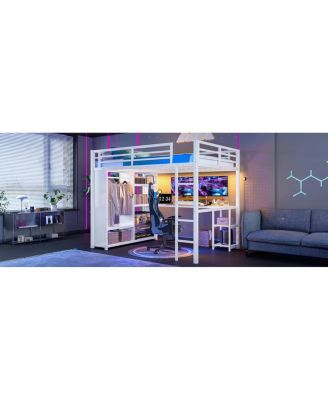 Queen Size Loft Bed Frame with Wardrobe, Desk & Shelves