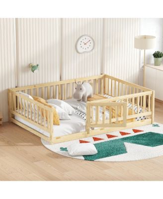 Full Size Montessori Floor Bed with Fence and Door, Oak
