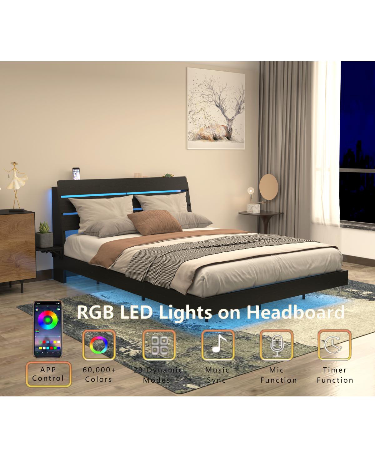 Streamdale Furniture Queen Floating Bed Frame with Led Lights & Charging Station