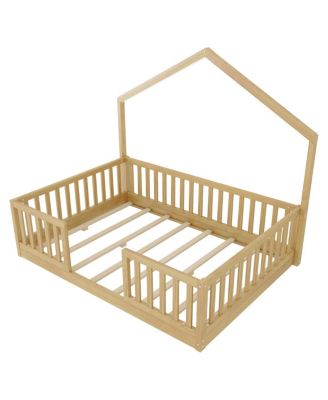 Full Floor Bed with High Rails, Wooden Montessori Bed with Light for Kids