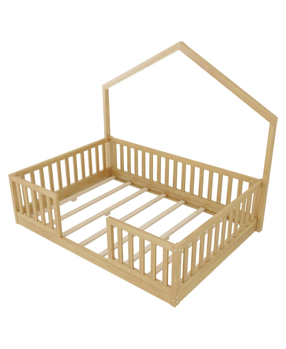 Streamdale Furniture Full Floor Bed with High Rails, Wooden Montessori Bed with Light for Kids