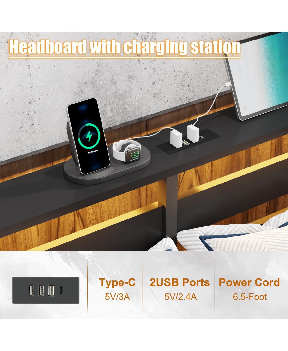 Streamdale Furniture Full Size Metal Platform Bed Frame w/ Usb, Led Lights, No Box Spring