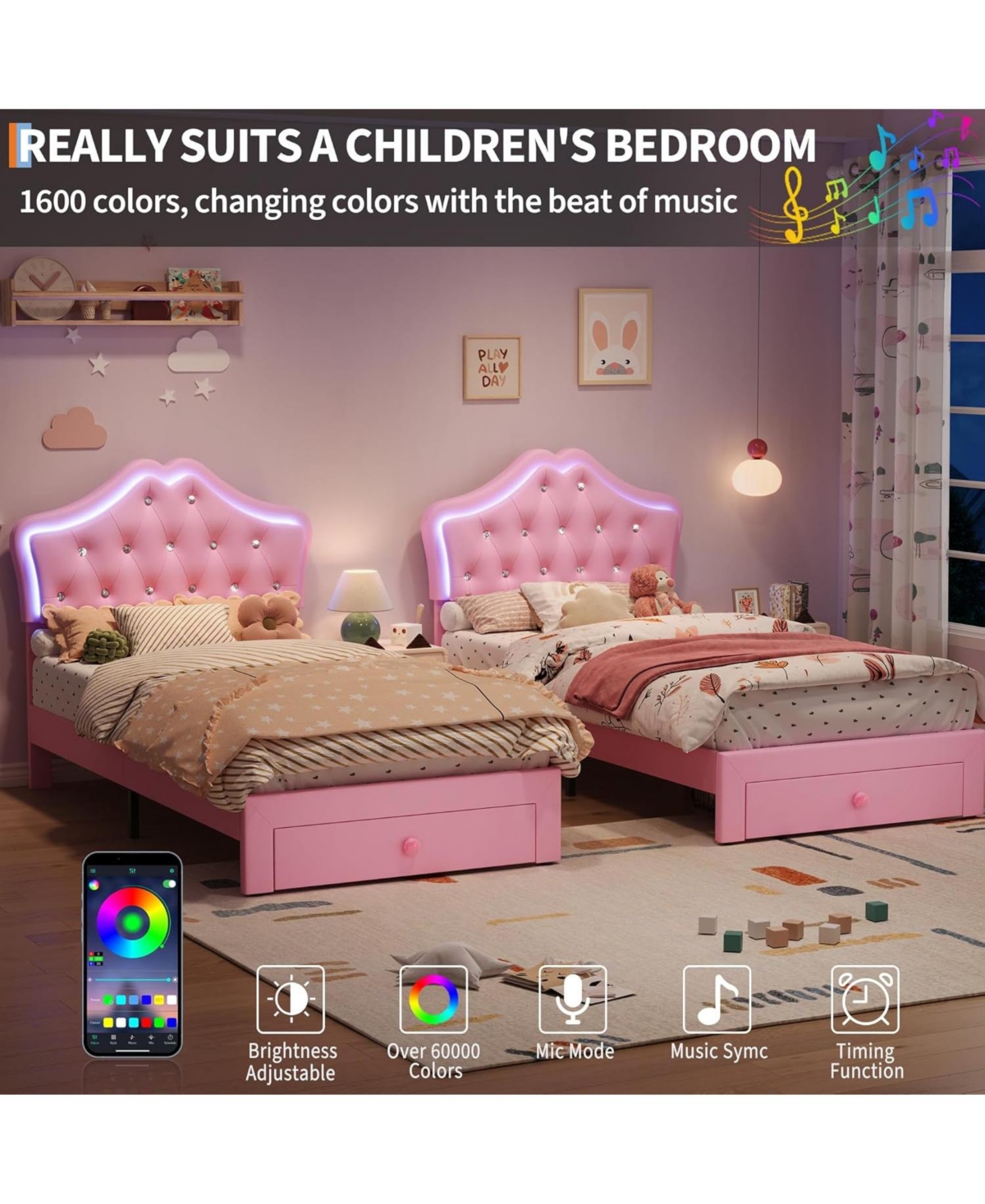 Gaomon Twin Upholstered Bed Frame with Led Headboard Lights & Storage Drawer, Noise Free, Platform for Kids and Teens